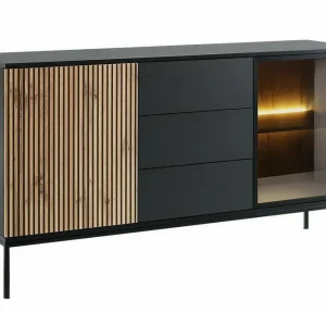 Rea Scandinavian Choice Klinkerville Lågt Vitrinskåp Display med belysning 39 cm djup Svart Trä / Glas / Ribbad - Förvaring