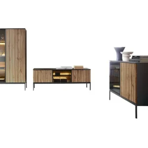 Beställ idag Scandinavian Choice Klinkerville Möbelset Vardagsrum med Belysning TV-bänk vitrin Svart Trä / Brun / Ribbad / Glas - Förvaring
