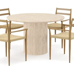 Andrarum Uppveda Runt Matbord 120cm Travetin utseende med 4 st Jamna Karmstolar Beige - Möbler I lager