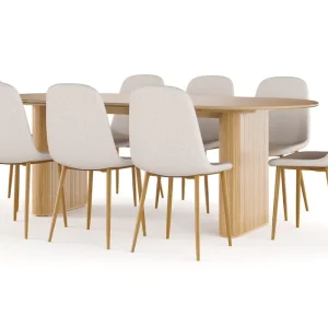 Snabb frakt Bark Noira Ovalt Matbord 220 cm EK + 8 st Nibe stol beige med ek ben Natur/Beige - Möbler