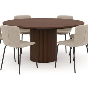 Trygg betalning Bark Kopparbo Runt Matbord 180 cm med 6 Katy Matstolar Valnöt / Greige Bouclé / Metallben Svart - Möbler