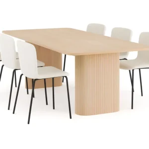 Bark Kopparbo Matbord 200-260 cm Förlängningsbart med illäggsskiv med 6 Katy Matstolar Vit / Vit Bouclé / Metallben Svart - Möbler Lågt pris