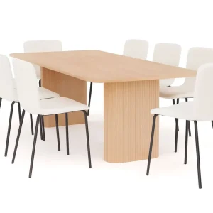 Bark Kopparbo Matbord 200-260 cm Förlängningsbart med illäggsskiv med 8 Katy Matstolar Vit / Vit Bouclé / Metallben Svart - Möbler Populär