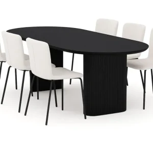 Bark Noira Ovalt Matbord 220 cm med 6 Katy Matstolar Svart / Vit Bouclé / Metallben Svart - Möbler Expressleverans