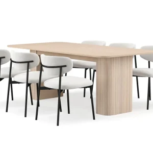 Lågt pris Bark Kopparbo Matbord 200-260 cm Förlängningsbart med illäggsskiv med 6 Lucy Matstolar Vit / Vit Bouclé / Metallben Svart - Möbler