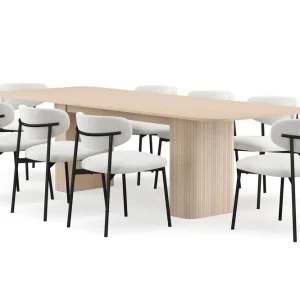 Bark Kopparbo Matbord 200-260 cm Förlängningsbart med illäggsskiv med 8 Lucy Matstolar Vit / Vit Bouclé / Metallben Svart - Möbler Endast denna vecka