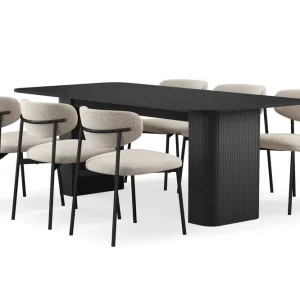Bark Kopparbo Matbord 200-260 cm Förlängningsbart med 6 Lucy Matstolar Svart / Greige Bouclé / Metallben Svart - Möbler Fri frakt
