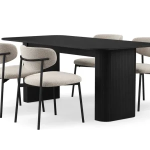 Bark Kopparbo Matbord 180-240 cm Förlängningsbart med 4 Lucy Matstolar Svart / Greige Bouclé / Metallben Svart - Möbler Fynd