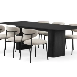 Bark Kopparbo Matbord 180-240 cm Förlängningsbart med 6 Lucy Matstolar Svart / Greige Bouclé / Metallben Svart - Möbler Fynd