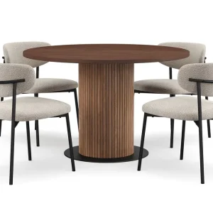 Fri frakt Bark Noira Runt Litet Matbord Massiv Valnöt 120 cm med 4 Lucy Matstolar Brun / Greige Bouclé / Metallben Svart - Möbler