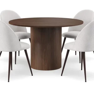 Bark Kopparbo Runt Matbord 120 cm med 4 Nibe Plus Matstolar Mörkbrun / Vit Bouclé / Metallben Valnöt - Möbler Kundfavorit
