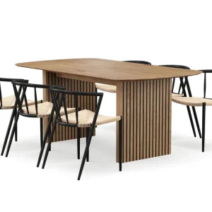 Rea Bark Richeto Matbord 180 cm med 6 Winston Matstolar Naturlig finish / Beige / Metallben Svart - Möbler