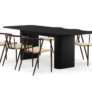 Bark Kopparbo Matbord 180-240 cm Förlängningsbart med 6 Winston Matstolar Svart / Beige / Metallben Rökt ek - Möbler Utförsäljning