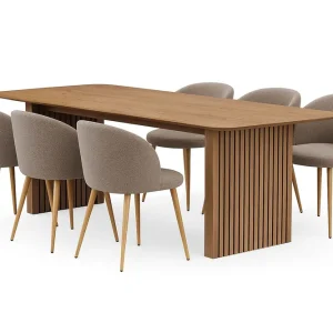 Bark Richeto Matbord 240 cm med 6 Greya Matstolar med armstöd Naturlig finish / Greige Bouclé / Metallben Ek - Möbler Outlet