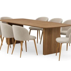 Nyhet Bark Richeto Matbord 240 cm med 8 Greya Matstolar med armstöd Naturlig finish / Greige Bouclé / Metallben Ek - Möbler