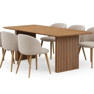 Extra rabatt Bark Richeto Matbord 180 cm med 6 Greya Matstolar med armstöd Naturlig finish / Greige Bouclé / Metallben Ek - Möbler