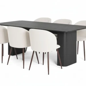 Fynd Bark Kopparbo Matbord 200-260 cm Förlängningsbart med 6 Greya Matstolar med armstöd Svart / Vit Bouclé / Metallben Valnöt - Möbler