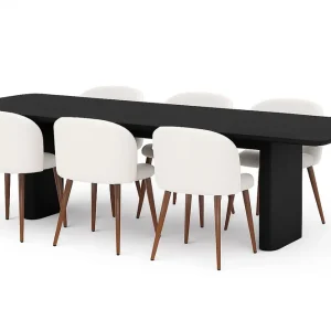 Lägg i varukorgen Bark Kopparbo Matbord 180-240 cm Förlängningsbart med 6 Greya Matstolar med armstöd Svart / Vit Bouclé / Metallben Valnöt - Möbler