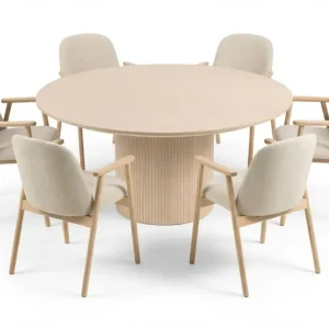 Billig Bark Matgrupp Bark Kopparbo Runt Matbord 180 cm Vitlaserat med 6 Reciclar Matstolar Ljus Ek|Beige - Möbler