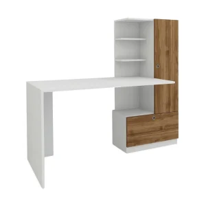 Snabb frakt Merinoz Skrivbord 150 cm med Förvaring Hyllor + Låda + Skåp Vit/Valnötsbrun - Möbler