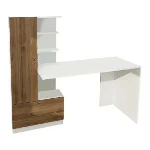 Merinoz Skrivbord 120 cm med Förvaring Hyllor + Låda + Skåp Vit/Valnötsbrun - Möbler Snabb leverans