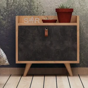 Mod Design Sängbord 50 cm med Förvaring Skåp Läderbeslag Grå/Trä - Möbler Expressleverans
