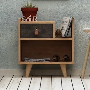 Mod Design Sängbord 50 cm med Förvaring Låda + Hylla Läderbe Grå/Trä - Möbler Sista chansen