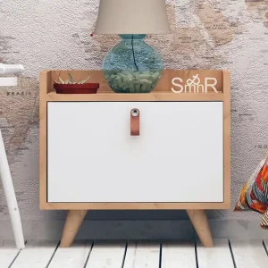 Mod Design Sängbord 50 cm med Förvaring Skåp Läderbeslag Trä/Vit - Möbler Sänkt pris