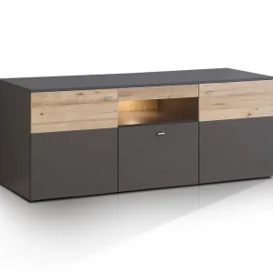 Erbjudande Lianne TV-bänk 150 cm 2 Dörrar Låda inkl Belysning Plank Ek/Grå - Möbler