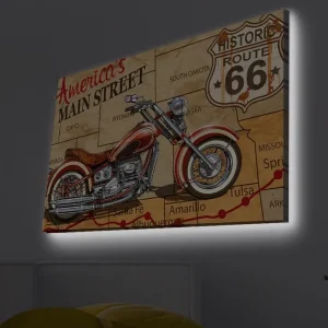Canvastavla med LED-belysning - Motorcykel på en karta över Route 66 Röd / Beige / Svart - Inredning Erbjudandepris