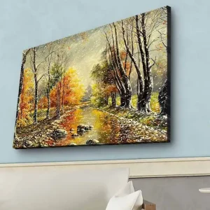 Fynd Canvastavla med LED-belysning - Vacker höstlandskap med en spegelblanka flod omgiven av färgglada träd Orange / Grön / Brun - Inredning