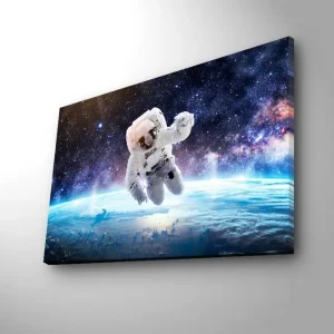 Erbjudande Canvastavla med LED-belysning - Astronaut som svävar i rymden över jorden Vit / Blå / Svart - Inredning