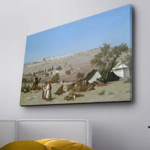 Canvastavla med LED-belysning - Landskap med beduiner och tält i ökenmiljö Blå / Grön / Beige - Inredning Rabatt