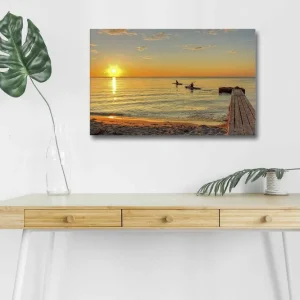Begränsad tid Canvastavla med LED-belysning - Solnedgång över stilla vatten med paddlare i horisonten Guld / Orange / Blå - Inredning