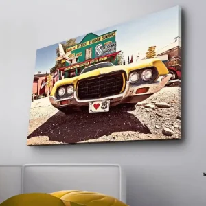Canvastavla med LED-belysning - Klassisk amerikansk bil i retrostil Gul / Grå / Svart - Inredning Fynd