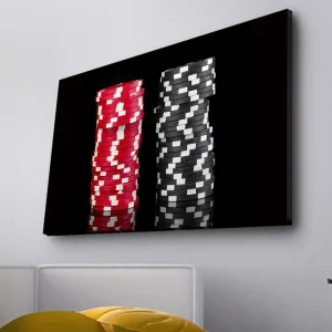 Canvastavla med LED-belysning - Staplar av pokerchips i röd och svart färg Röd / Svart - Inredning Handla nu
