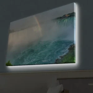 Outlet Canvastavla med LED-belysning - Storslagen vy av Niagarafallen med en regnbåge i bakgrunden Turkos / Grön / Grå - Inredning