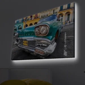 Kundfavorit Canvastavla med LED-belysning - Vintage bil i retro stil med en grön nyans Grön / Silver / Svart - Inredning