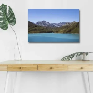 Bästa pris Canvastavla med LED-belysning - Storslagen berglandskap med en klar, turkos sjö Turkos / Grön / Blå - Inredning