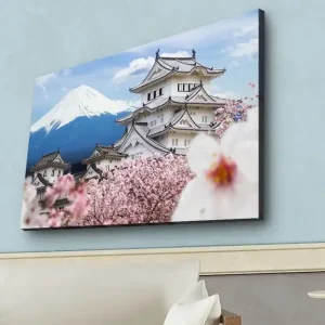 risnedsättning Canvastavla med LED-belysning - Vacker japansk slott med körsbärsblommor och Mount Fuji i bakgrunden Vit / Rosa / Blå - Inredning