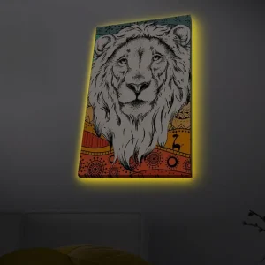 Canvastavla med LED-belysning - Lejonhuvud med färgglad bakgrund och mönster Grå / Orange / Blå - Inredning Erbjudande