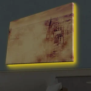 Sänkt pris Canvastavla med LED-belysning - Stämningsfull vy av en stad med kända byggnader i dimma Beige / Guld / Mörkbrun - Inredning