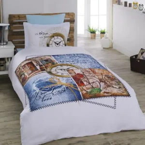 Bästa pris Primacasa by Türkiz Bäddset Enkelt 4-dels Satin Vit/Blå/Brun - Textil & mattor