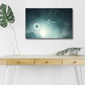 Canvastavla med LED-belysning - Astronaut som svävar i rymden med en planet i bakgrunden Mörkblå / Grön / Vit - Inredning Rea