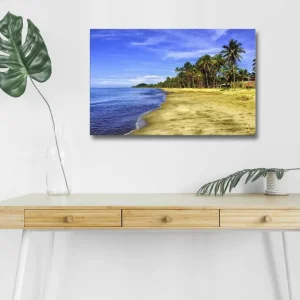 Beställ nu Canvastavla med LED-belysning - Vacker strand med palmer och klarblå himmel Blå / Grön / Beige - Inredning