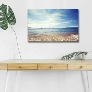 Canvastavla med LED-belysning - Vacker havsutsikt med klarblå himmel och mjuka vågor Blå / Beige / Vit - Inredning Kampanjpris