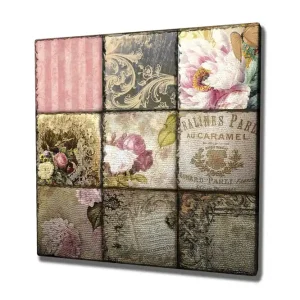 Lägg i varukorgen Canvastavla - Mosaik av vintage-inspirerade mönster och blommor Rosa / Guld / Beige - Inredning