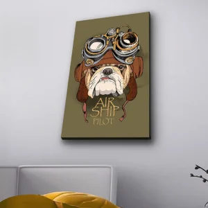 Snabb leverans Canvastavla med LED-belysning - Bulldog i pilotutrustning med goggles Grön / Brun / Vit - Inredning