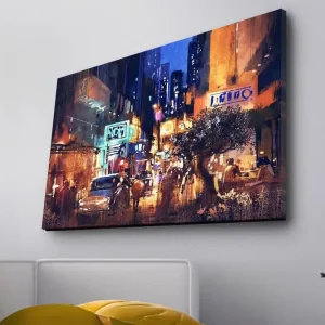 Kampanj Canvastavla med LED-belysning - Livlig stadsbild med nattliv och bilar Mörkblå / Orange / Grön - Inredning