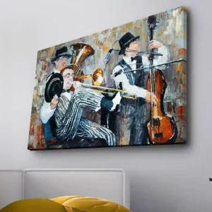 Extra rabatt Canvastavla med LED-belysning - Musikaliskt framträdande med tre spelande musiker Mörkblå / Orange / Vit - Inredning